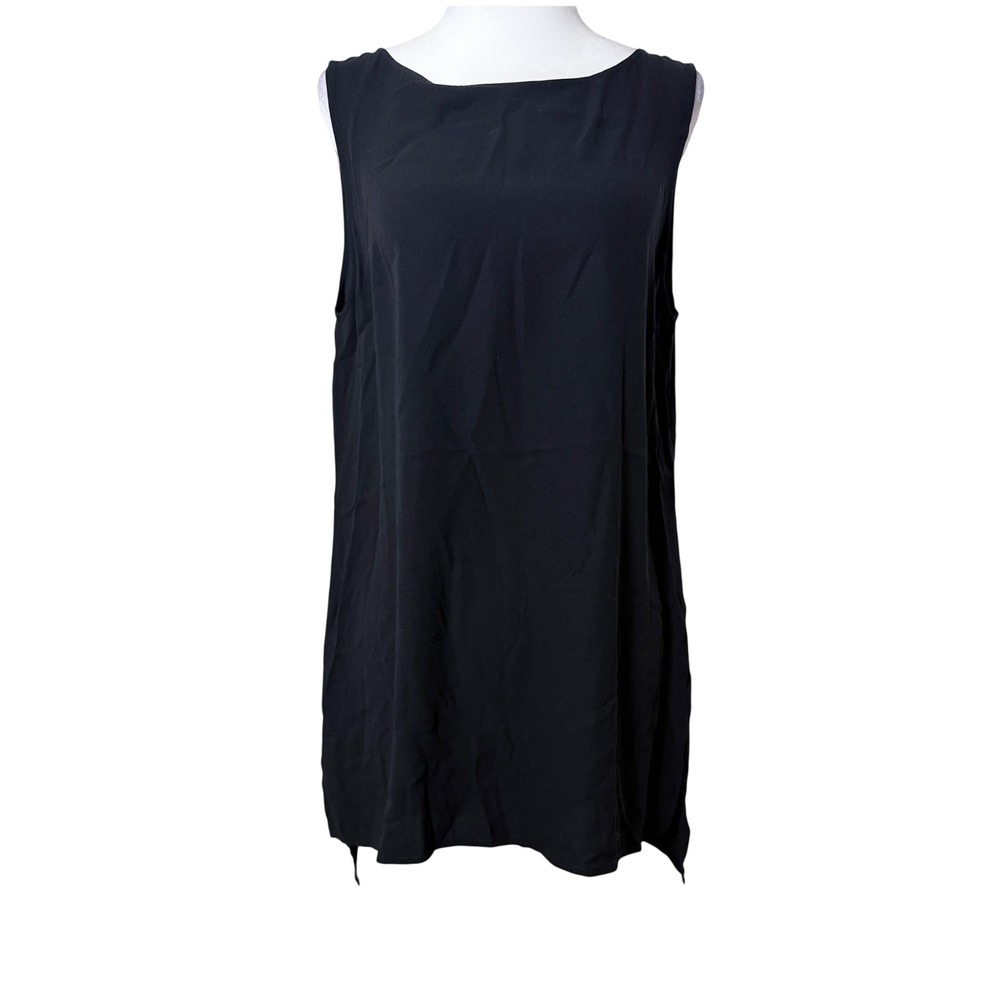Eileen Fisher 100% Silk Georgette Black Tunic Top Sleeveless Boat Neck Small